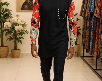 Men’s African Traditional Kaftan Set – African Senator Outfit With Vintage Print Sleeves & Matching Pants