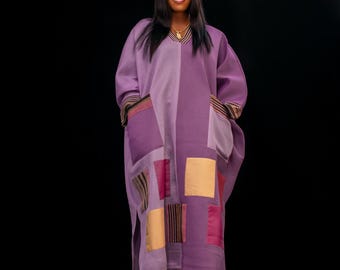 Free-Size African Bubu Dress | Plus-Size African Dress for Women | Purple Patchwork Kaftan Dress | Handmade African Maxi Gown