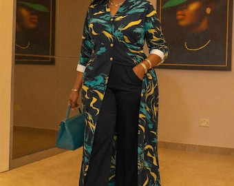 African Print 2 Piece Set for Women | Long Jacket & Wide Leg Pants | Mandarin collar neckline with button-down front | Ankara Inspired Dress