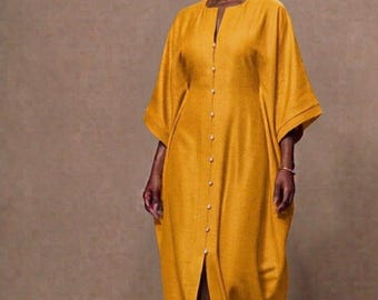 Mustard Gold African Kaftan Dress for Women, Luxury Maxi Boubou, Modest Linen Caftan, African Party Dress, Elegant Plus Size Kaftan