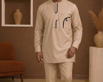 Men’s African Senator Suit - Kaftan Set with Embroidery - Long Sleeve Traditional Outfit - Two-Piece Dashiki Set - Wedding & Groom Wear