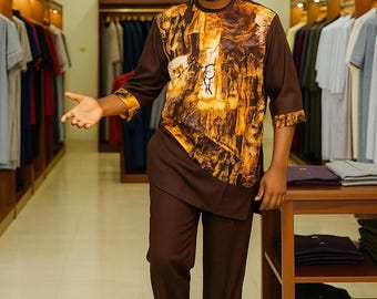 African Men’s Two Piece Outfit | Ankara Print Shirt & Pant Set | Nigerian Wedding Attire | Dashiki Inspired Clothing