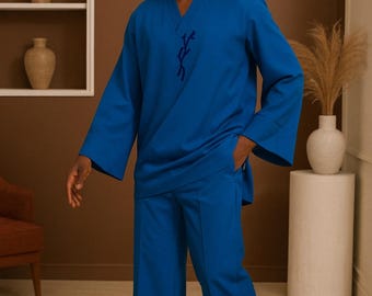 Men’s African Kaftan Set | Nigerian Traditional Outfit | Blue Two-Piece with Embroidery