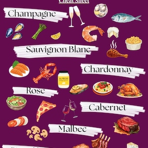 May include: A wine and food pairing guide on a purple background. The chart features wine names such as Champagne, Sauvignon Blanc, and Cabernet, alongside illustrations of food items like seafood, pasta, and steak. The text "WINE FOOD PAIRING" is at the top.