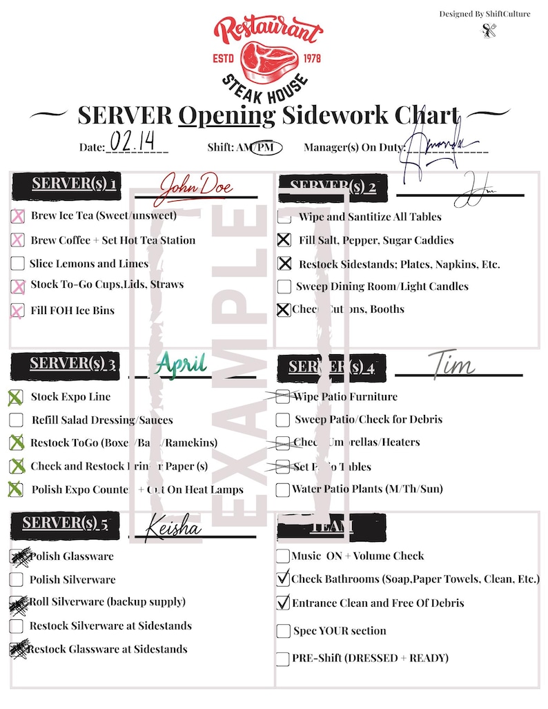 EDITABLE Server OPENING Side Work Chart - Etsy