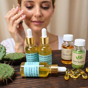 Może przedstawiać: Kolekcja produktów do pielęgnacji skóry, w tym butelki Golden Zen Face Serum, olejku jojoba i ekstraktu z zielonej herbaty. Butelki serum mają złote nakrętki i białe zakraplacze. Na zdjęciu widać również osobę nakładającą serum.