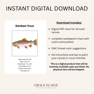 May include: Digital download featuring a Rainbow Trout needlepoint chart. The image includes a colorful illustration of the fish, along with pattern details, and instructions. The finished size is 11.5 x 4.9 inches.