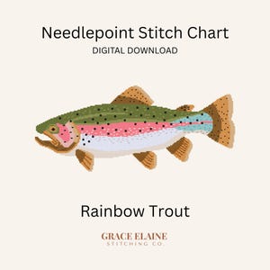Puede incluir: Patrón de punto de cruz digital de una trucha arcoíris pixelada. El pez tiene una espalda verde, una franja rosa y una franja azul. El texto "Rainbow Trout" está debajo, con el nombre de la empresa en la parte inferior.