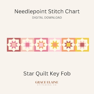 Pode incluir: Um gráfico digital de ponto de agulha intitulado Needlepoint Stitch Chart e Star Quilt Key Fob da Grace Elaine Stitching Co. A imagem mostra uma fila horizontal de seis padrões de estrelas estilo colcha em tons de rosa, laranja e amarelo.