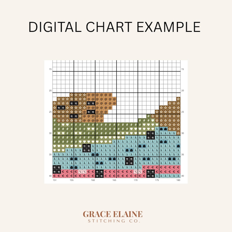 May include: A digital cross-stitch chart example with a grid pattern. The chart features various symbols and colors, including stars, hearts, and Greek letters. The text "DIGITAL CHART EXAMPLE" is at the top, and the brand name "GRACE ELAINE STITCHING CO." is at the bottom.