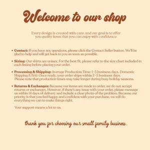 Welcome message image explaining processing, shipping times, unisex sizing, and returns for handmade Comfort Colors shirts by a small family business.