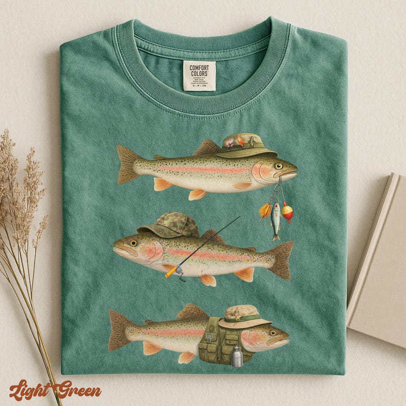 Light green Comfort Colors® shirt folded flat, showing three rainbow trout dressed as fishermen with rod, tackle, and gear vest.