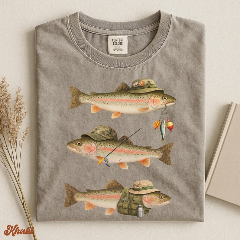 Khaki Comfort Colors® flat lay shirt with three rainbow trout illustrated in full fisherman attire: camo hat, gear vest, and fishing rod.