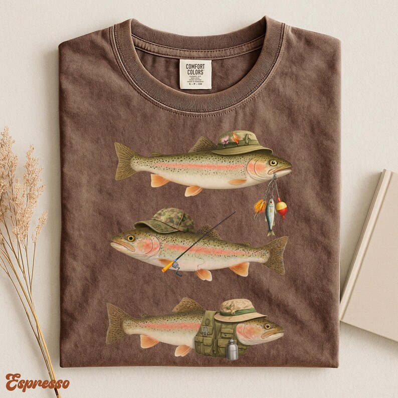 Espresso brown Comfort Colors® t-shirt displayed flat, design features three trout in fisherman costume with lures, vest, and rod.