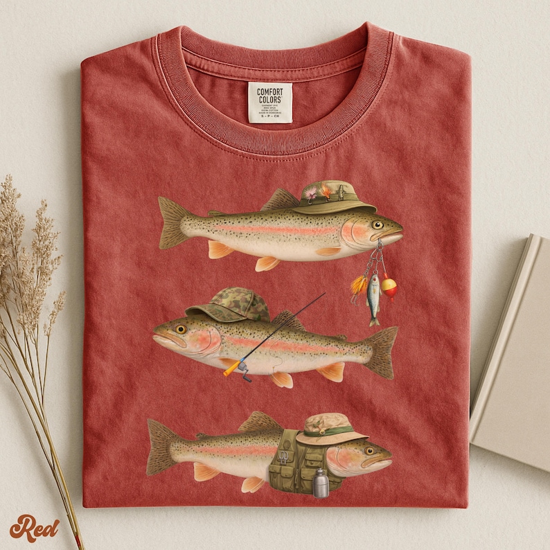 Red Comfort Colors® shirt flat lay featuring rainbow trout with illustrated fishing accessories including hats, vest, and tackle.