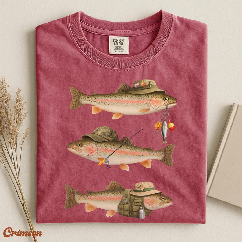 Crimson Comfort Colors® shirt folded flat, design shows three trout in detailed fisherman outfits with rod, lures, and vest.