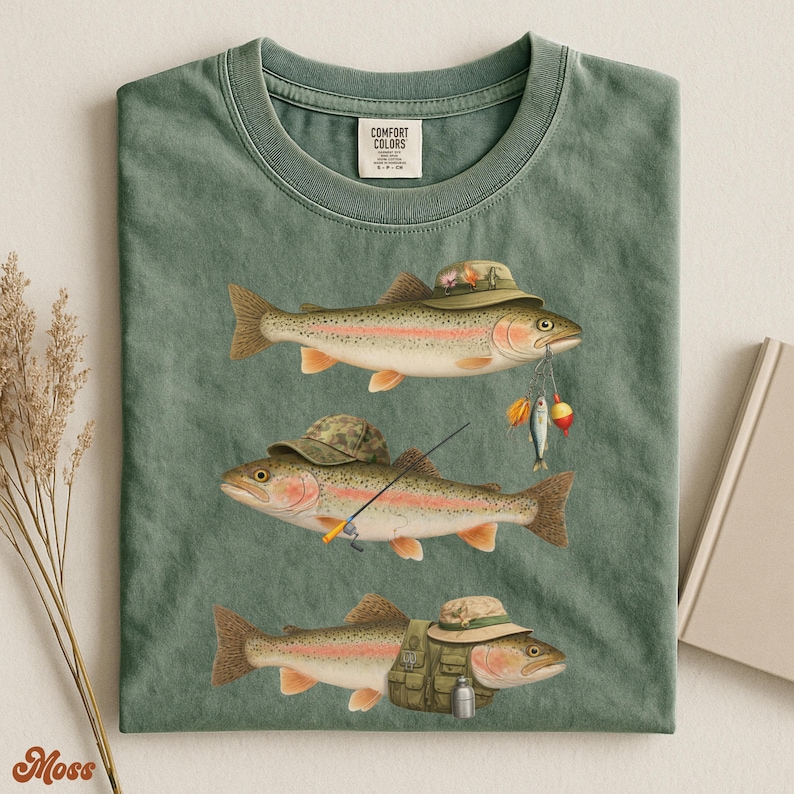 Moss green Comfort Colors® t-shirt laid flat, printed with three trout wearing fishing hats and gear like bait, lures, and vest.