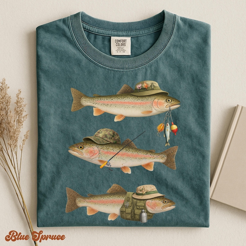 Blue spruce Comfort Colors® shirt folded flat, showing three trout dressed in full fishing gear: camo hats, vest, rod, and lures.