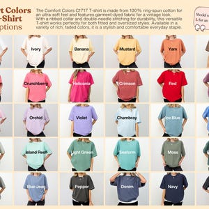 Comfort Colors C1717 t-shirt color chart showing 30 garment-dyed color options like Ivory, Pepper, Moss, Blue Jean, and Banana, worn by models in large size.
