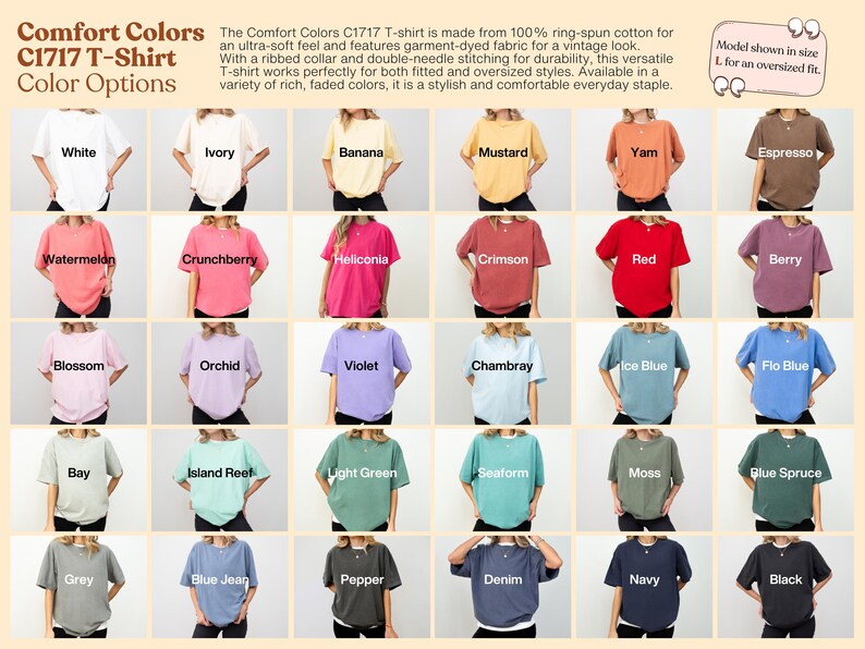 Comfort Colors C1717 t-shirt color chart showing 30 garment-dyed color options like Ivory, Pepper, Moss, Blue Jean, and Banana, worn by models in large size.