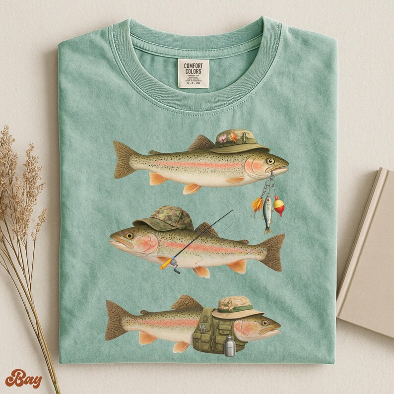 Soft green Comfort Colors® shirt laid flat, displaying three trout with detailed fisherman gear including rod, bait, hat, and vest.