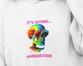 Sudadera colorida de peluquero, sudadera unisex con capucha para estilistas, regalo para peluqueros, moda de moda para salones, ropa divertida de peluquería