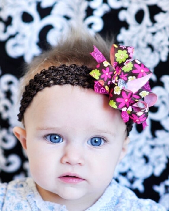 Items similar to baby girl hair bow...brown and pink ribbon hair bow ...
