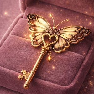 May include: A gold-colored key pendant with a butterfly design, resting in a velvet jewelry box. The butterfly wings are detailed with brown accents. The key features a heart-shaped design and a dangling star charm. The box is a muted purple.