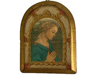 Florentine Gold Wood Art Decor Praying Woman Wall Plaque