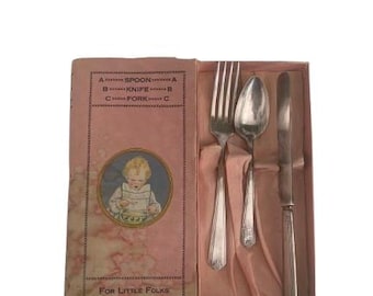 Rogers Childrens Flatware Silverware Set of 3 Fork Spoon Knife Original Box Antiques for Little Folks