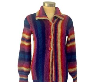 Rainbow Striped Wool Sweater Button Front Long Cardigan RARE Mid Century Fashion Renee Tener for Outlander