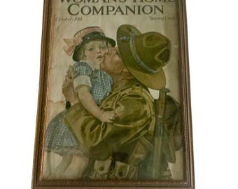 Cuadro antiguo de madera con la imagen de un soldado besando a un niño en la Primera Guerra Mundial (1918), ideal para decorar el hogar de una mujer.