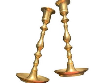 Tall Brass Antique Candlestick Set Pair