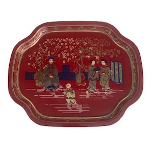 Red Asian Design Tin Tray Mid Century Modern Decor