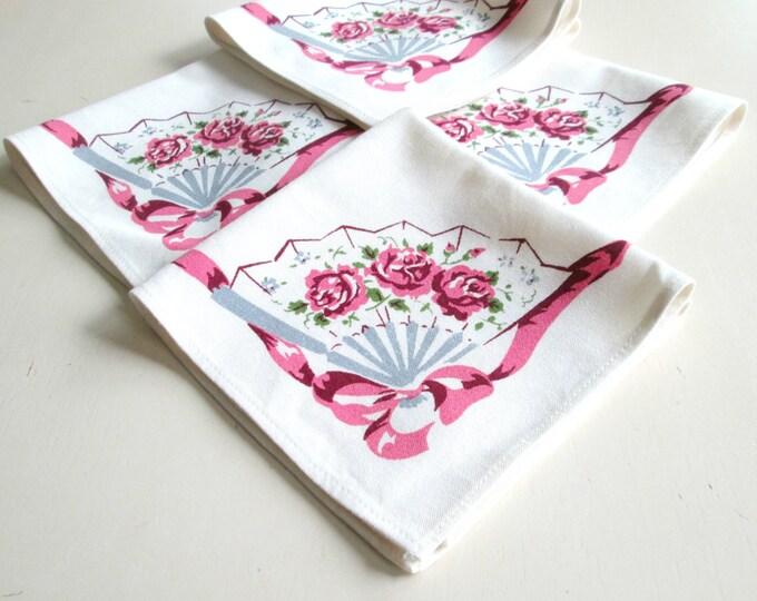 Mid Century Cocktail Napkins / Pink and Gray Fans Roses Bows / Etsy