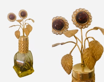 Yellow Glass Perfume Bottle Metal Flowers Top // Collectible West Germany Pompadour