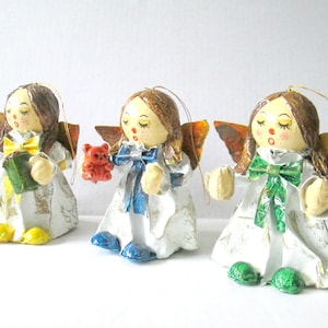 Angel Ornaments Paper Mache&#39; /  Vintage 1970s Christmas Angels / Mid Century Holiday Ornaments
