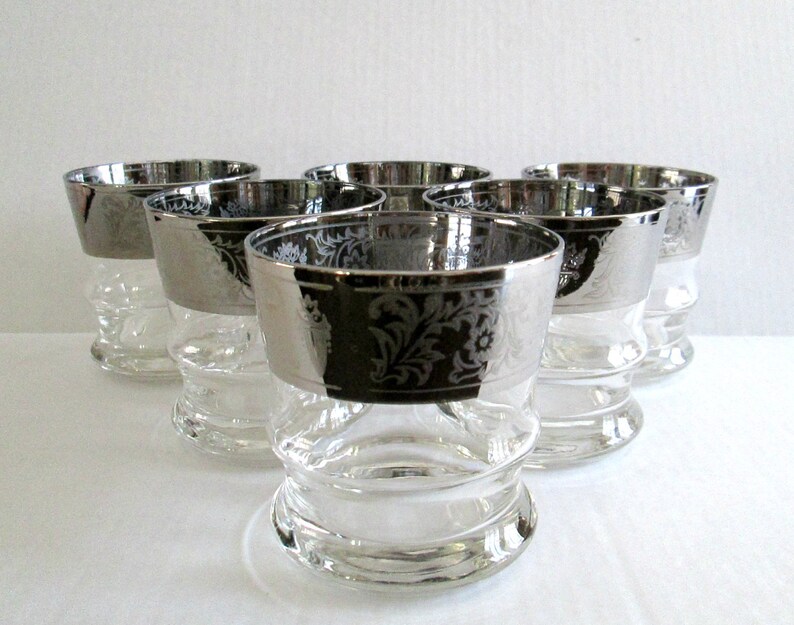 Silver Etched Glass Bar Glasses Barware Mid Century Home Etsy