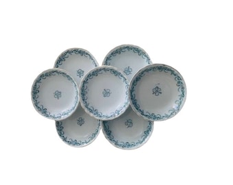 Antique Meakin China Dessert Bowls // Set of 7 Blue White Gold Paisley