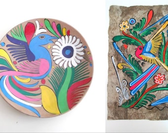 Arte popular sudamericano Pintura de corteza Placa a juego Vintage 1970 Set Home Decor