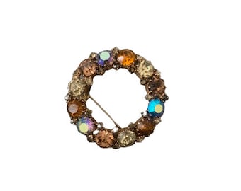 Multicolor Crystal Aurora Borealis Wreath Brooch // Vintage Mid Century Karu Arke