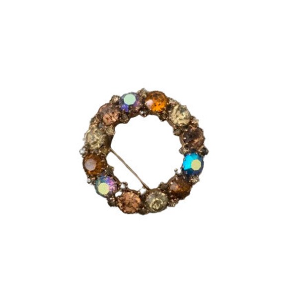 Multicolor Crystal Aurora Borealis Wreath Brooch // Vintage Mid Century Karu Arke