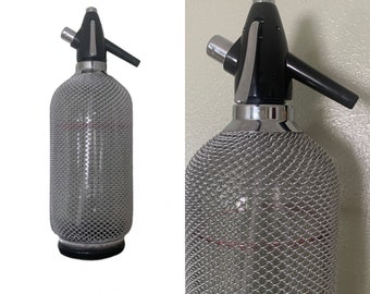 Wire Mesh Seltzer Soda Bottle // Mid Century Modern Black Silver Bar Decor