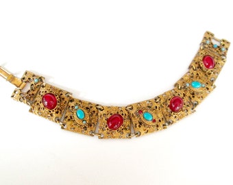 Art Deco Nouveau Repousse Link Bracelet Red and Turquoise Stones Gift for Her