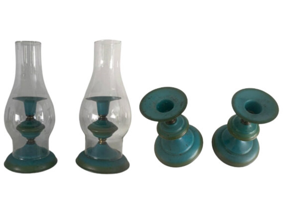 Hurricane Lamp Candle Holders Set of Two // 1970s Teal Olive Green Home