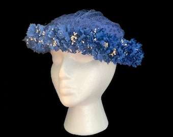 Cobalt Blue Flower Fabric Hat Mid Century Spectator Bonnet