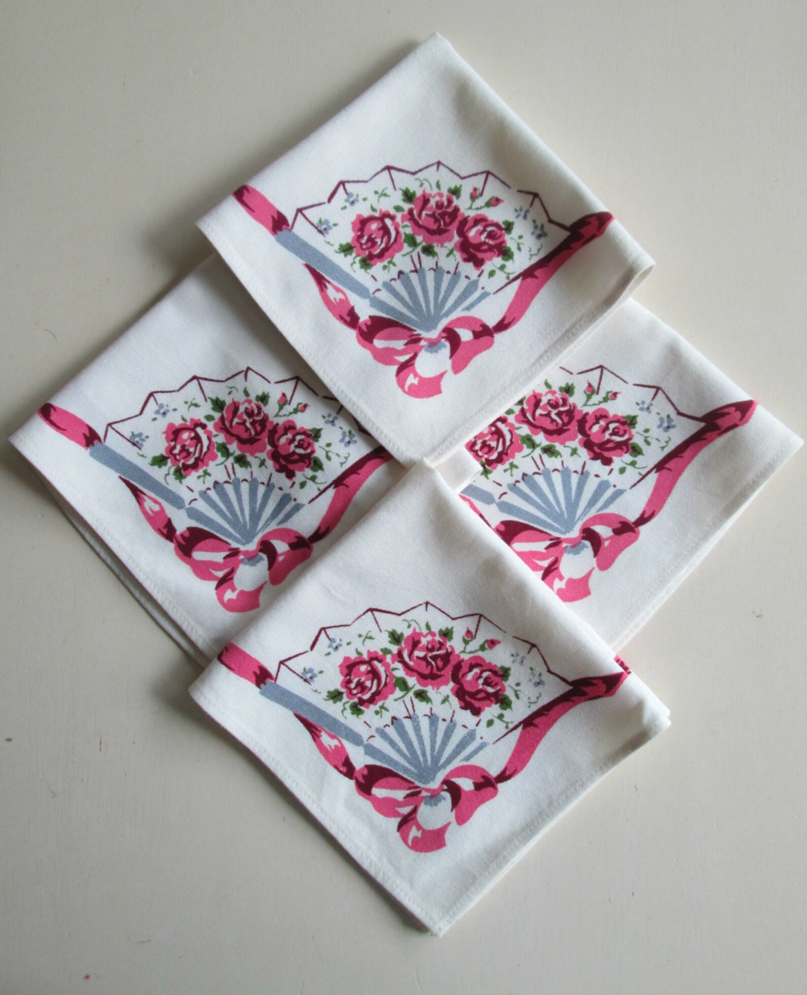 Mid Century Cocktail Napkins / Pink and Gray Fans Roses Bows / Etsy