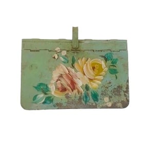 Tole Painted Green Crumb Box Nu-Art Studio Atlantic City Trinket Jewelry Odds Ends Receptacle