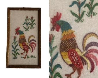 1960s Framed Crewel Embroidered Rooster