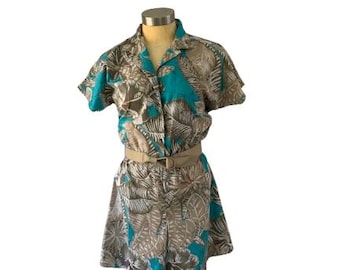 Zomershort met tropische print eendelig rompertje katoenmix vintage Franse marineblauw medium groot